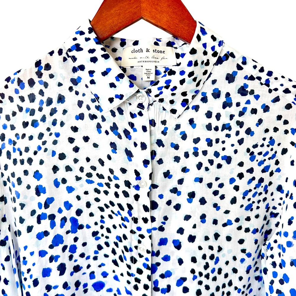 Cloth & Stone Anthropologie Blue Black Abstract Dot Rayon Button Down Shirt M